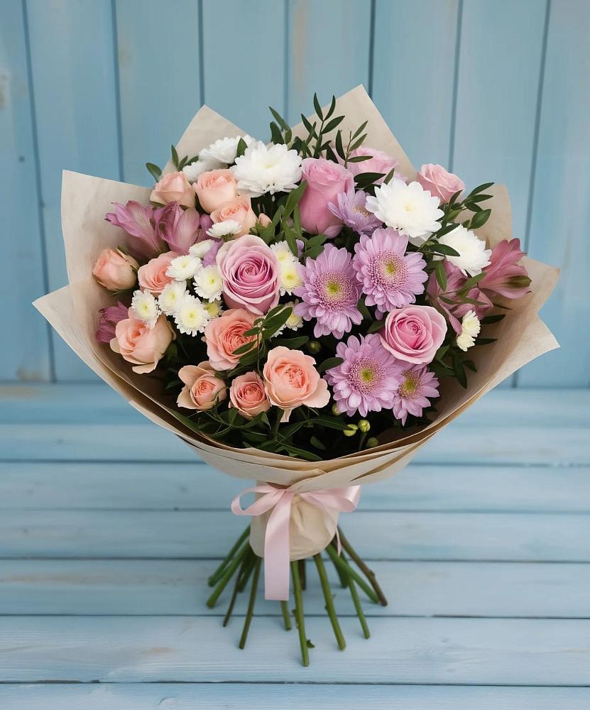 Букет цветов из: Хризантемы, Розы и Альстромерии в Зуевке Курской области