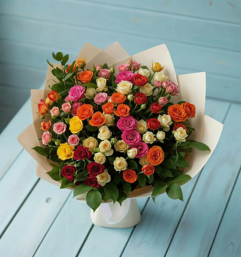 Букет Микс из разноцветных кустовых роз в Зуевке Курской области